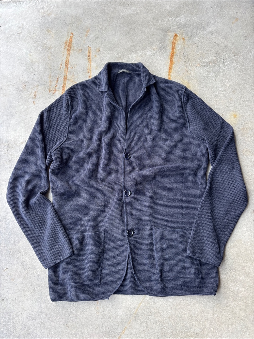 Phil Petter Navy Merino Wool Blend Waffle Knit Cardigan Minimalist size XXL